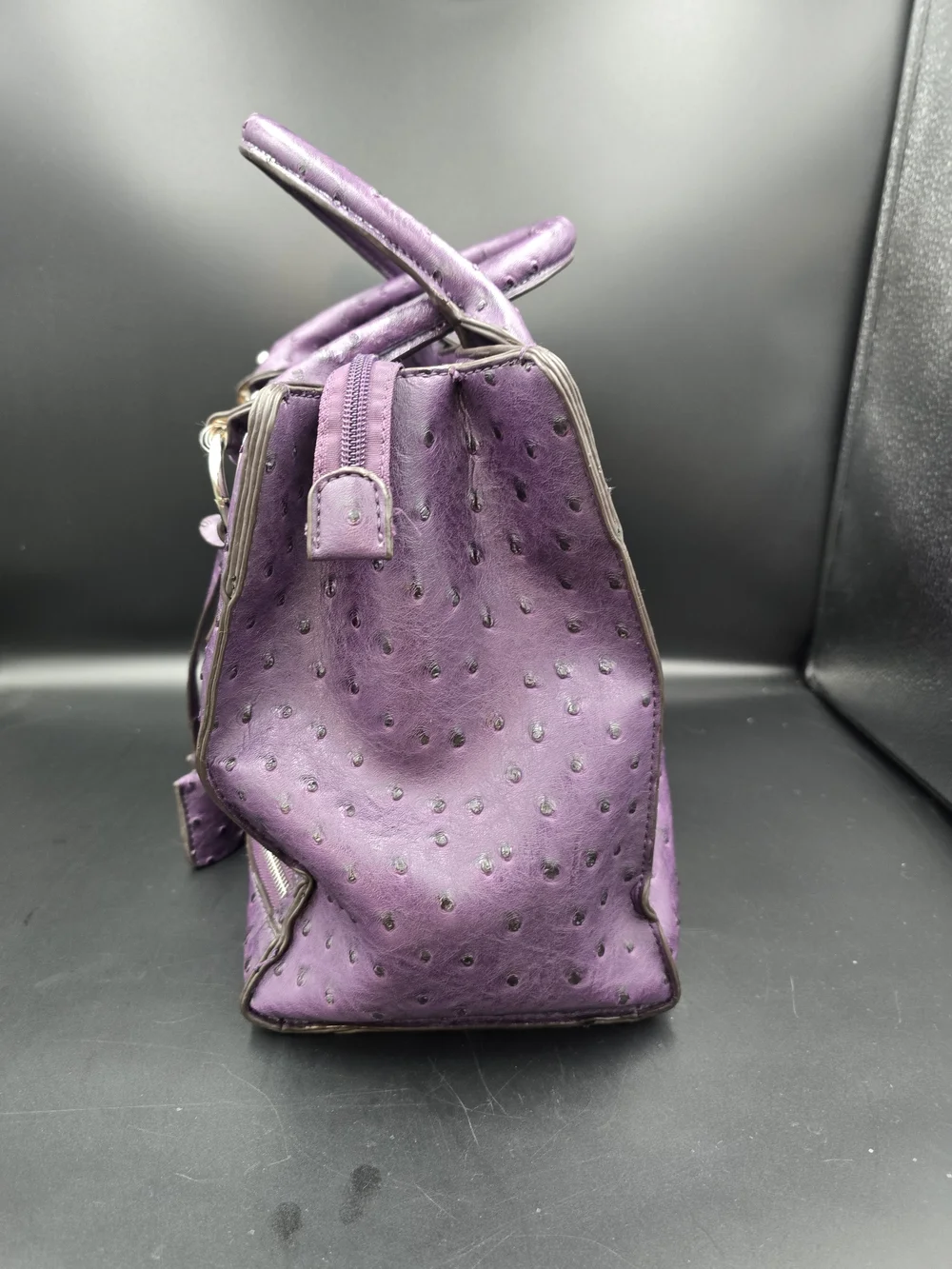 Purple Ostrich-Texture Satchel Handbag with Lock Detail